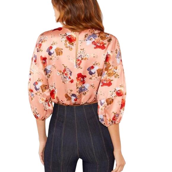 Cinq a Sept NWT Pascale Silk Top Floral Pink Size XS Elastic Cuff Front Hem Tie - Picture 2 of 12